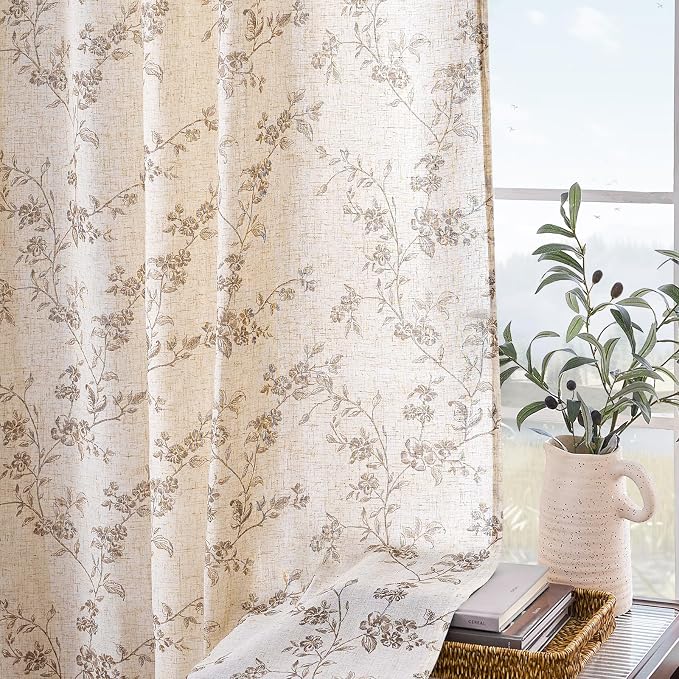 Taupe Vintage Floral Linen Curtains Farmhouse 50W X 63L 2 Panels | Elisa Series - Image 8