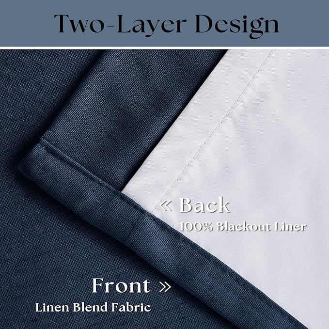 Dark Blue Linen 100% Blackout 120 Inch Curtains - Image 4