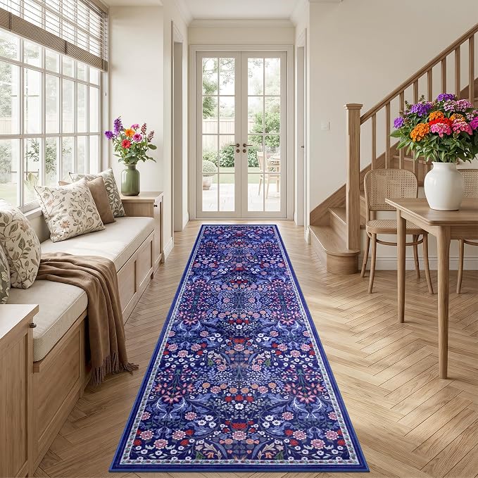 PLHXFR 2.6x14 Washable Runner Rug：Floral Indoor Kitchen Soft Carpet Blue | - Image 3