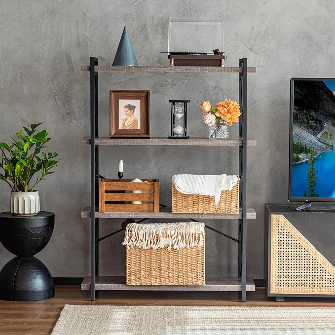 HCHQHS Bookshelf, 4-Tier Industrial Bookcase, Rustic Open Book Shelf, - Image 7