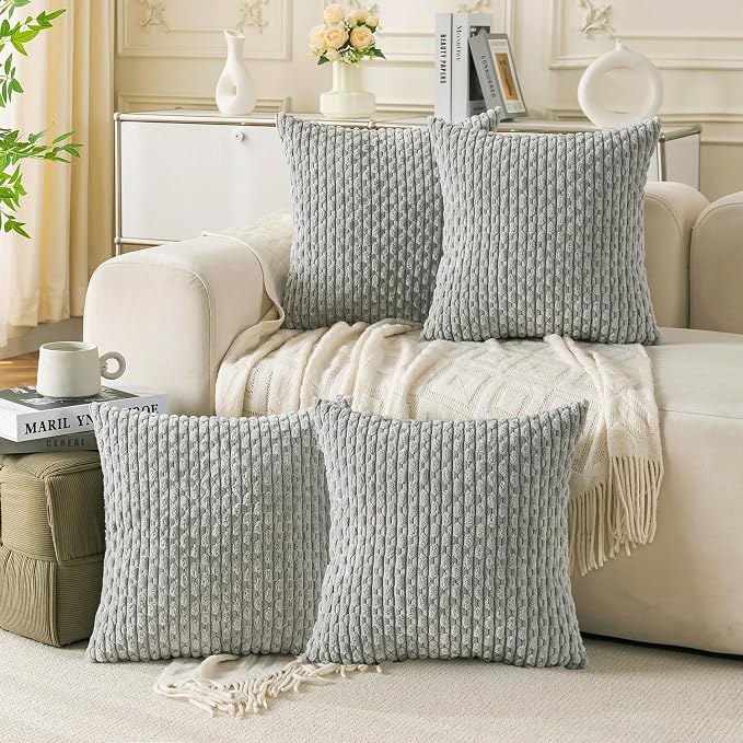 Set of 4 Grey Decorative Throw Pillow Covers 22x22 Inch Corduroy Pillow Covers by Cozoomy