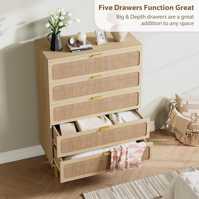 GarveeHome Rattan 5 Drawer Dressers - Image 4