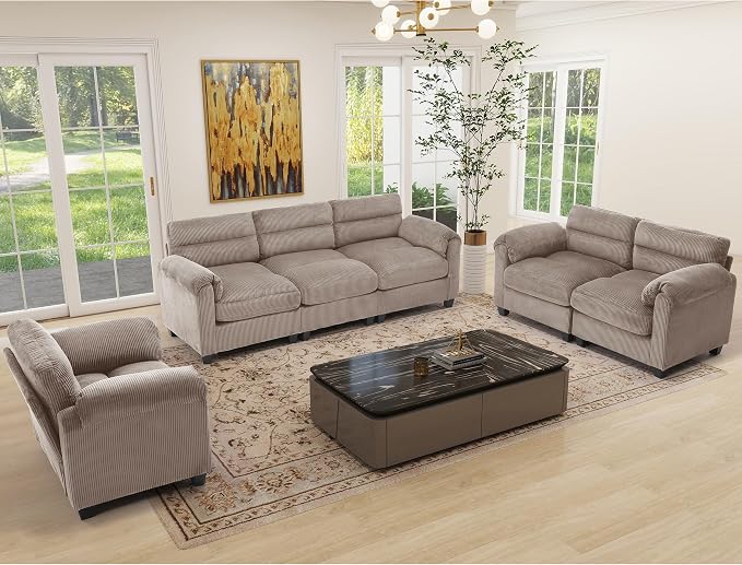 HAOMARKETS Corduroy Sofa Set, Upholstered Armchair, and 3-Seater Couch by HAOMARKETS