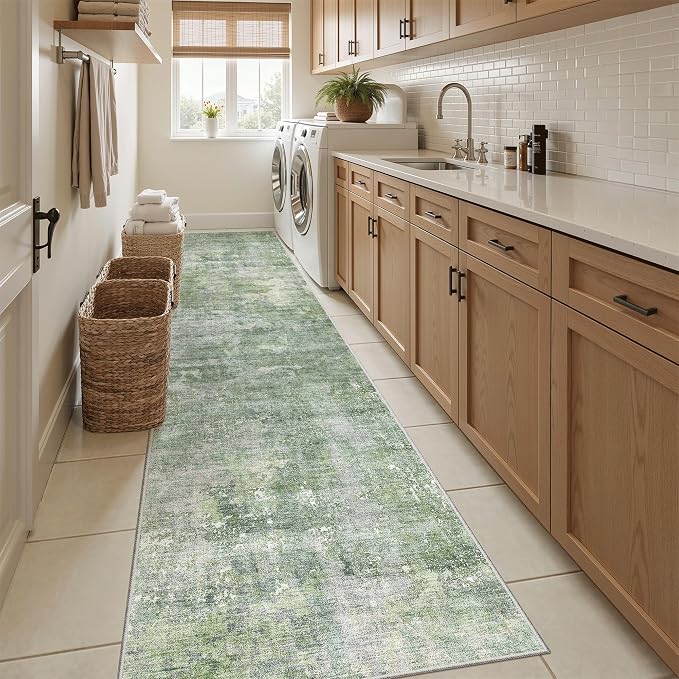 Soalmost Abstract Runner Rug 2x10 Hallway Kitchen Runners Green/Ivory | Vintage - Image 4