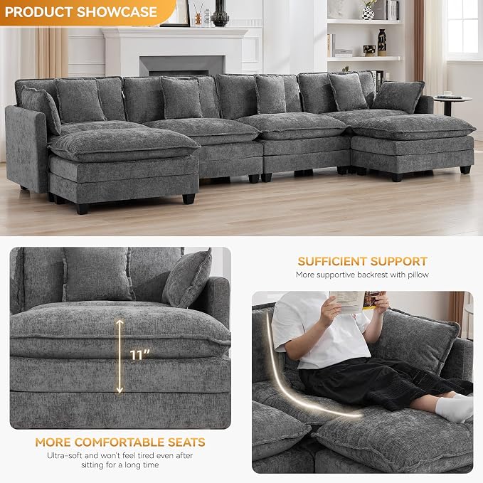 147'' Sectional Cloud Deep Seat Couch, Oversized Chenille U Shaped Sectional - Image 3
