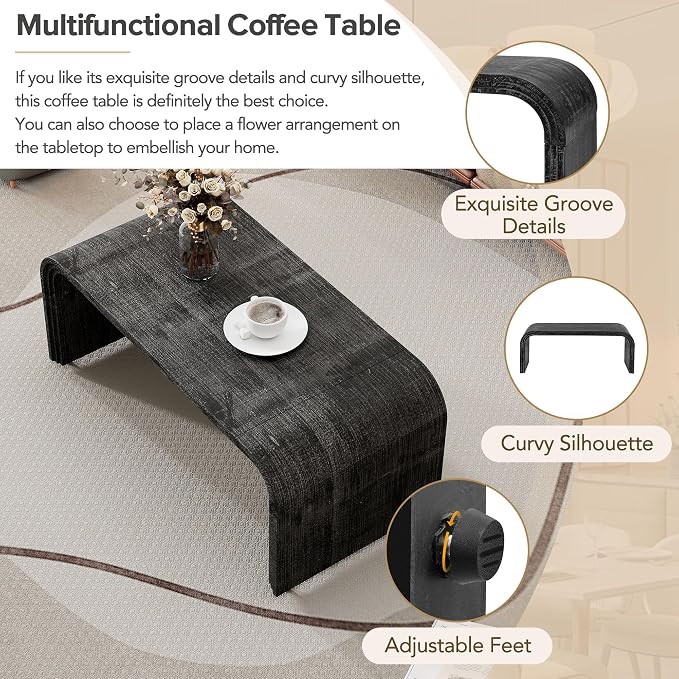 Minimalist Coffee Table with Curved Art Deco Design, Wood Rectangle Center Table - Image 5