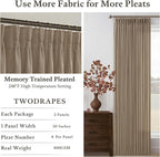 96 Inches Pleated Linen Tan Latte Memory Train Semi Sheer Curtains 2 Panels | - Image 4