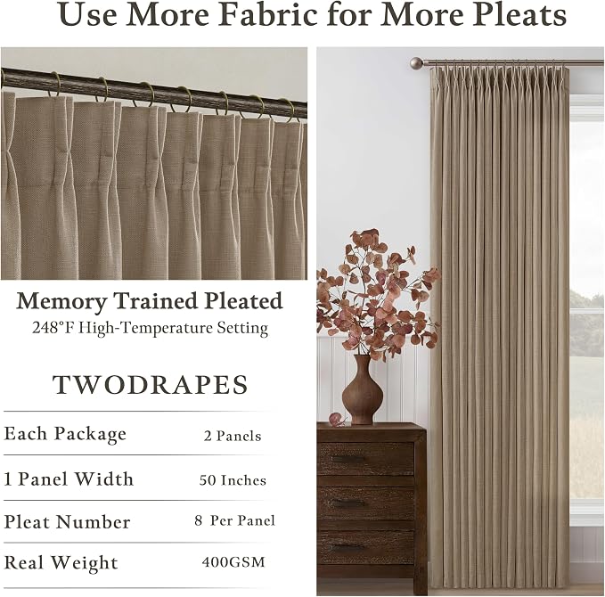 Latte Pinch Pleat Light Filter Thick Linen Semi Sheer Curtains 80 Inch Long | - Image 3