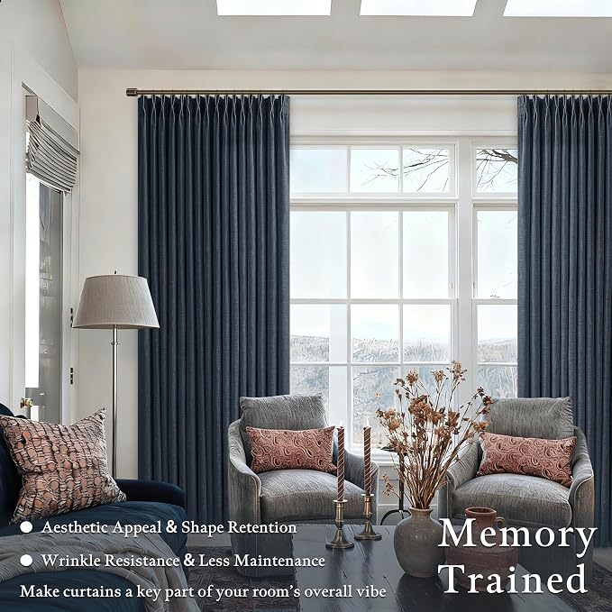 Modern Pinch Pleated Linen Navy Blue Semi Sheer Curtains - Image 2