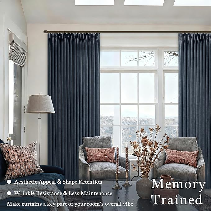 Blue Linen Pleated Light Filtering Sheer Curtains - Image 2