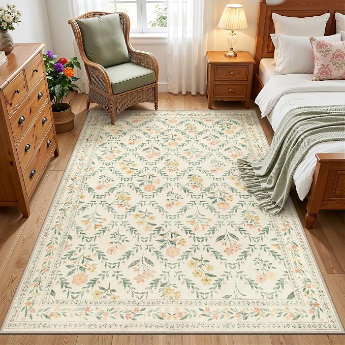 PLHXFR Area Rug Living Room: 3x5 Floral Washable Boho Carpet Beige Multi | - Image 2