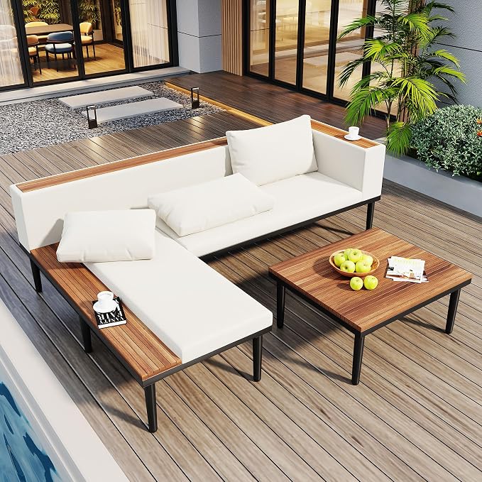 VilroCaz Luxury Outdoor Patio Furniture Set, L-Shaped Acacia Wood Sectional Sofa by VilroCaz