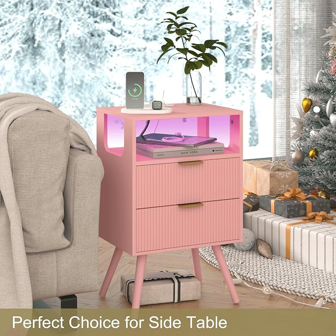 JOONEE Pink Nightstand with Charging Station and LED Lights, Modern Bedside - Image 7