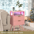 JOONEE Pink Nightstand with Charging Station and LED Lights, Modern Bedside - Image 7