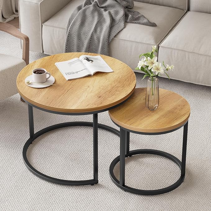 Smuxee Nesting Coffee Table Set of 2, 23.6" Round Coffee Table Brown Wood - Image 7