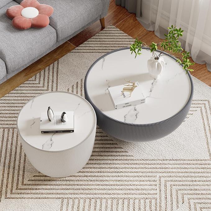 Round Marble Coffee Table Set of 2, 2 Piece White Coffee Table and End Table - Image 4