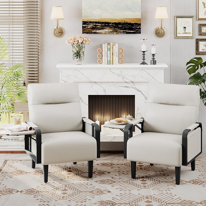 Andeworld Modern Beige Accent Chair Set of 2, PU Leather Upholstered Armchair - Image 8