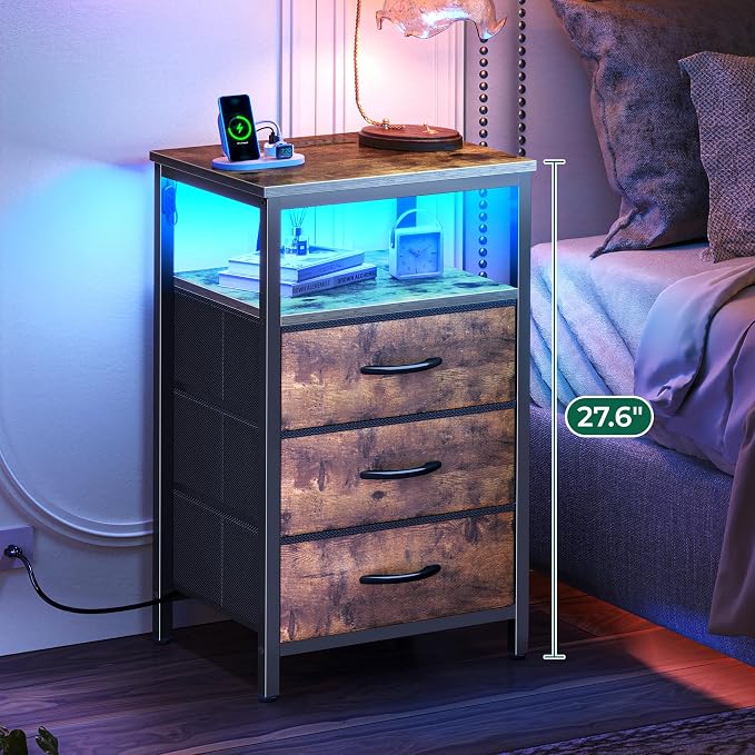 Huuger Night Stand with Charger Station and LED Lights, 3 Drawer Nightstand - Image 4