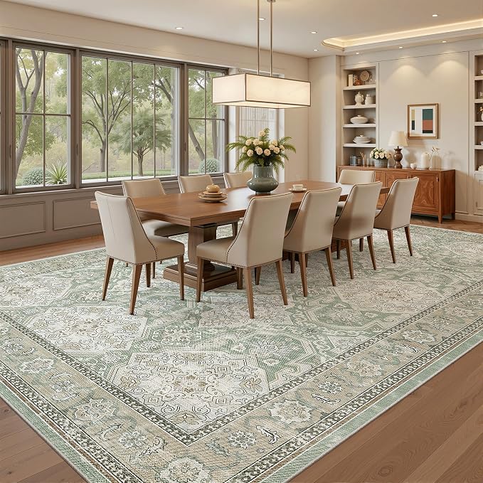 Soalmost 8x10 Area Rugs Large Washable Living Room Rug Non-Slip Green/Brown | - Image 4