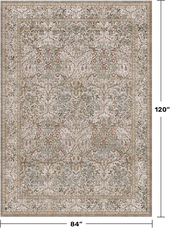 Vintage Moss Green Living Room Rug, 7x10 Washable Large Area Rugs - Image 2