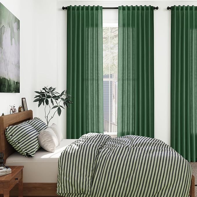 Green Boho Curtains for Bedroom Back Tab Rod Pocket Semi Sheer Linen Curtains - Image 7