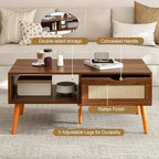ZttRiee Coffee Table with Storage, Boho Dining Table with Rattan Drawer and - Image 3
