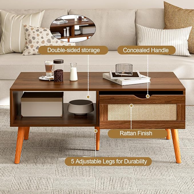 ZttRiee Coffee Table with Storage, Boho Dining Table with Rattan Drawer and - Image 3