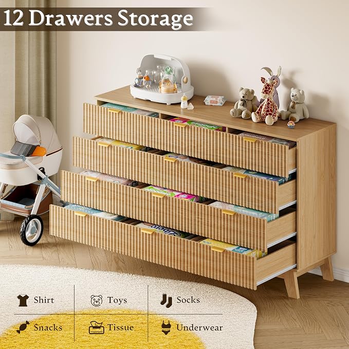 BORNOON 57" Wide Dresser for Bedroom, 12-Drawer Fluted Dresser - Image 3