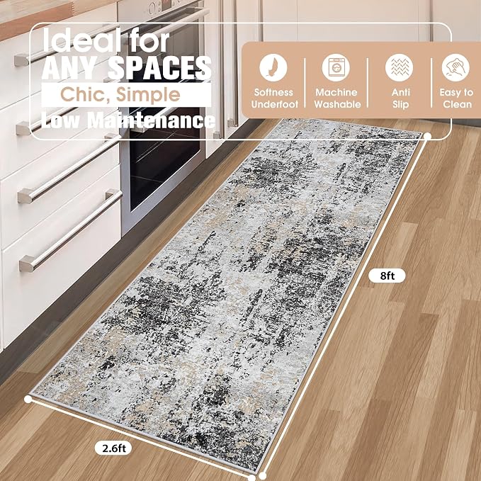 Runner Rugs for Hallways Kitchen 2.6x8 Non Slip Washable Black Grey Gold | - Image 2