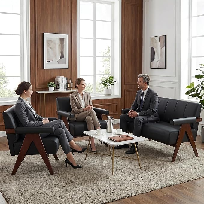 STHOUYN Black Leather Loveseat Sofa and Accent Chairs Set of 2, Mid-Century - Image 2