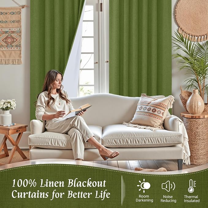 84 Inch Sage Green 100% Blackout Linen Curtains - Image 2