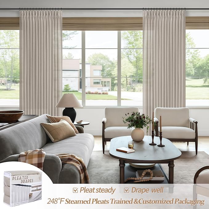 Pleated Greyish Brown Light Filtering 102 Inch Long Curtains 2 Panels Set - Image 5