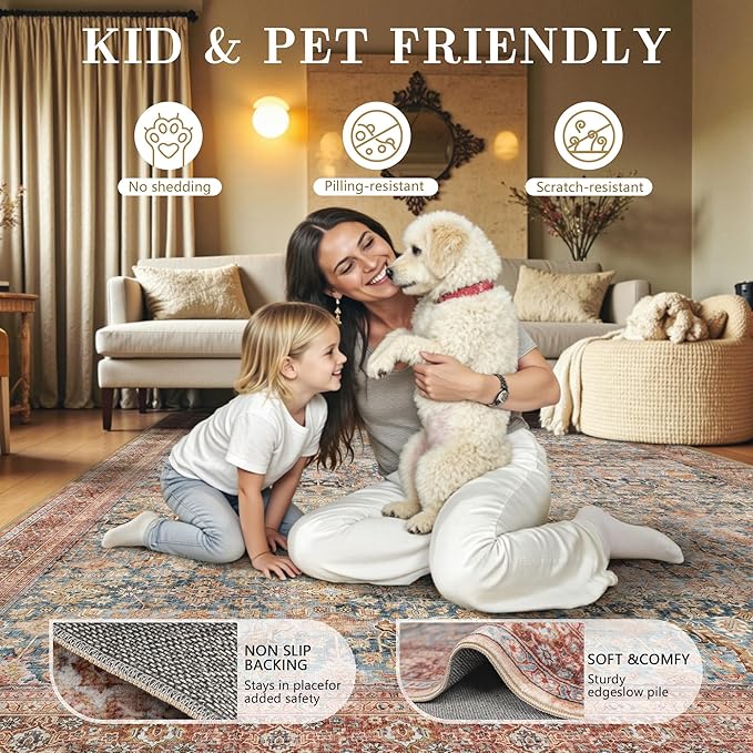 6x9 Area Rugs - Washable Vintage Retro Living Room Rug, Soft Ultra Thin Non - Image 5