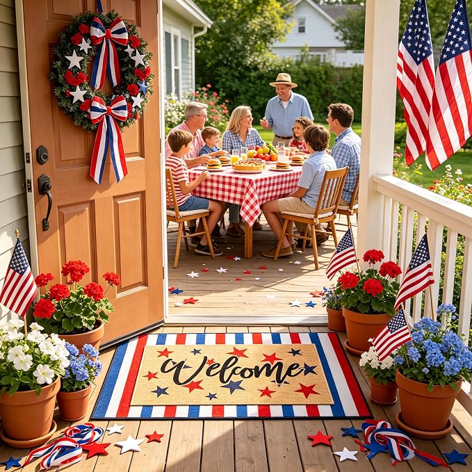 2 Pcs Patriotic Door Mat Set for 4th of July Front Porch Decor, Layered - Image 3