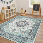 RELEANY Washable Area Rug, Teal Green/White/Navy | Non-Slip, Water Repellent - Image 4