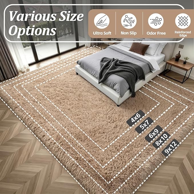 Area Rug Living Room Bedroom: 6x9 Fluffy Plush Shag Carpet Beige | - Image 9