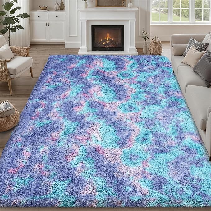 9x12 Area Rug Living Room Bedroom: Fluffy Plush Shag Carpet Rainbow by Luxturiy
