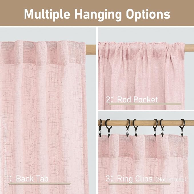 54 Inch Semi Sheer Window Linen Curtains, Light Filtering Panels | Faux Linen - Image 3