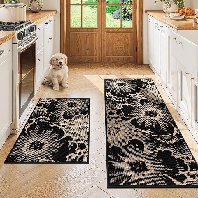 Findosom Washable Kitchen Rug Set of 3, Non Slip High-Low Textured Floral - Image 3