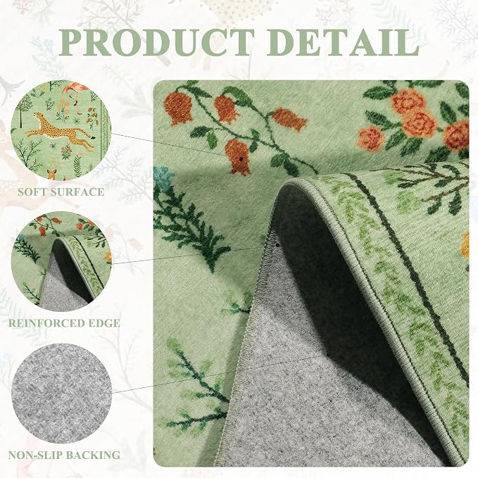 DUKINO 2x6 Runner Rug, Washable Animal Kitchen Rugs Non Slip, Light Green | Soft - Image 4