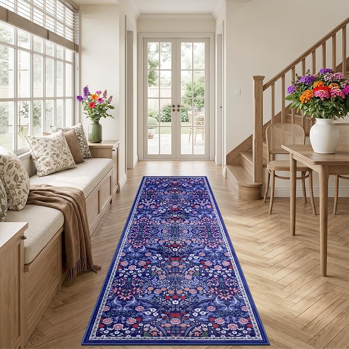PLHXFR 2.6x10 Washable Runner Rug：Floral Indoor Kitchen Soft Carpet Blue | - Image 3