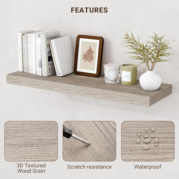 Acovy 36 Inch Floating Shelves, 3D Textured Wood Grain, Wooden Shelves - Image 5