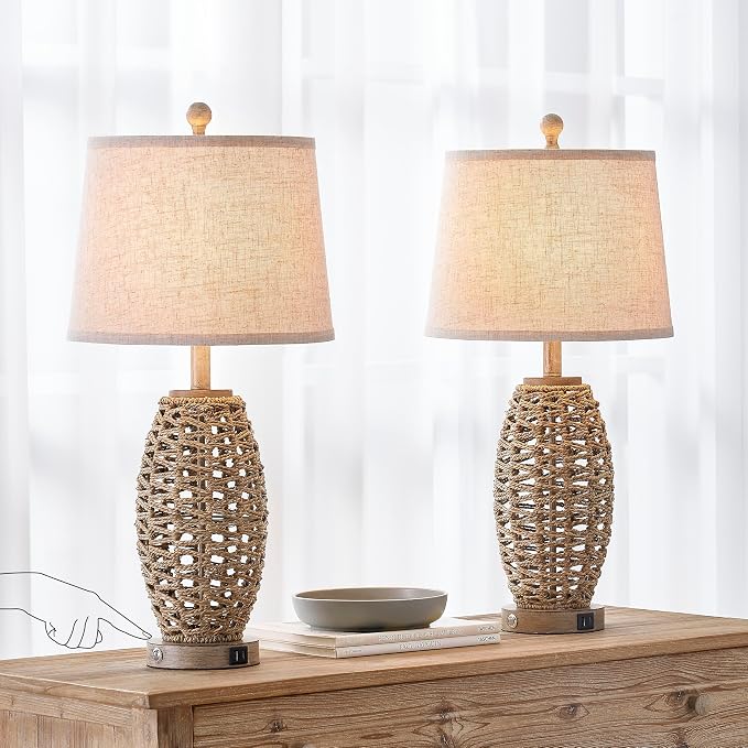27” Natural Rattan Table Lamps Set of 2, Touch Switch, 3-Way Dimmable Bedside - Image 4
