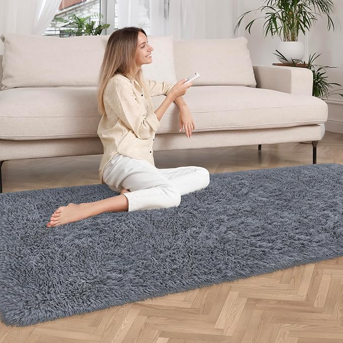 2x6 Bedside Area Rugs for Bedroom Soft Fluffy Shag Grey Rug for Hallway - Image 2