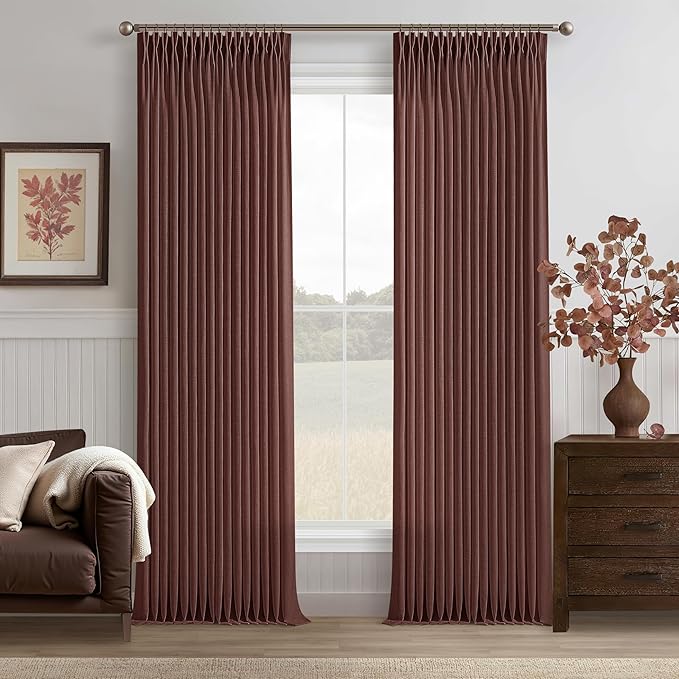 Pinch Pleat Linen Textured Reddish Brown Semi Sheer Curtains 120 Inch Long | by Twodrapes