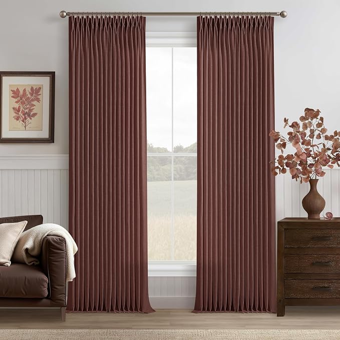 Pinch Pleated Rust Brown Linen Blend Semi Sheer Curtains 105 Inch Length | by Twodrapes