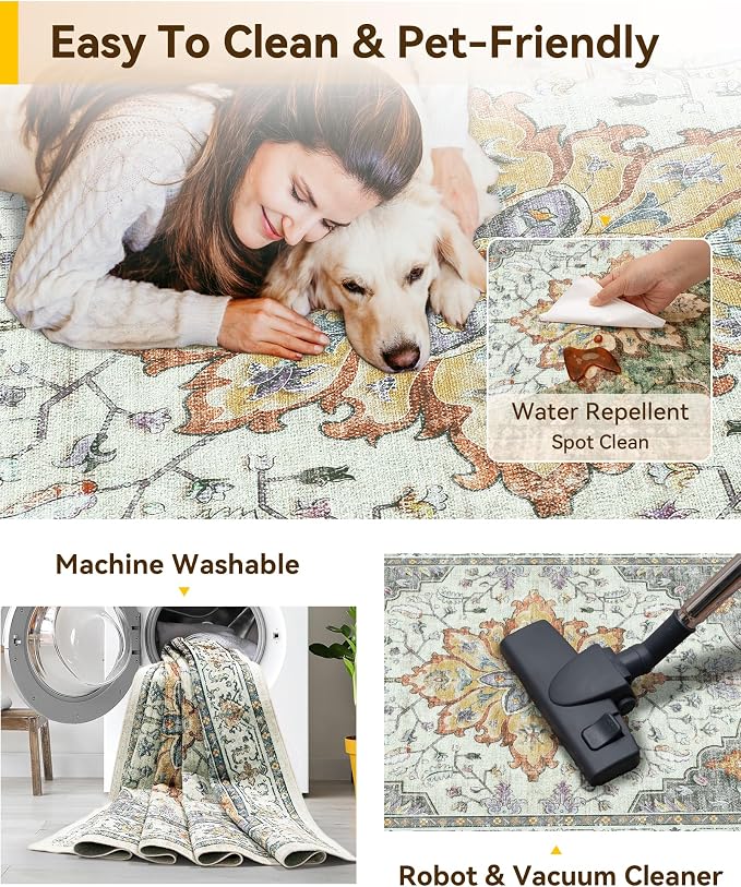 RELEANY Washable Area Rug, Water Repellent, Pet Friendly, Vintage Floral Boho - Image 3