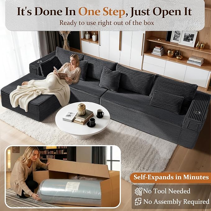 138" Oversized Cloud Sectional Couch, Comfort L Shaped Boneless Couch - Image 3