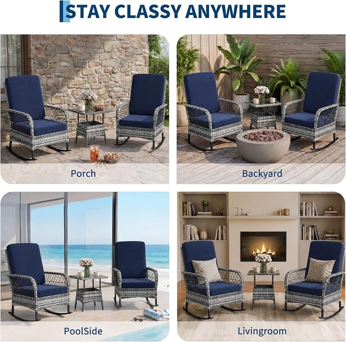GarveeHome 3-Piece Outdoor Rocking Chair Set, Wicker Rattan Patio Furniture - Image 8