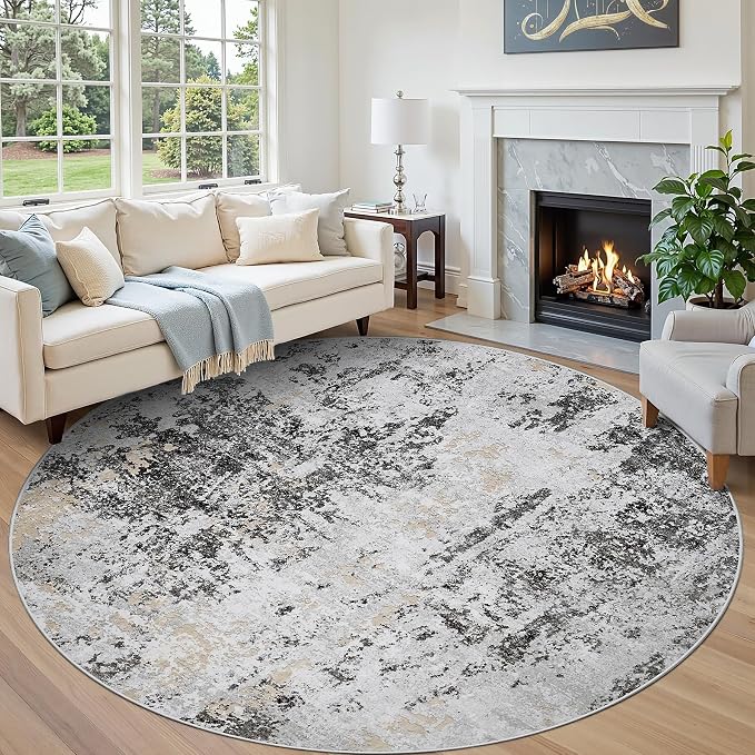 Round Rug 8ft Washable Rug for Dining Room Living Room Black Grey Gold | Modern by Aelenmu
